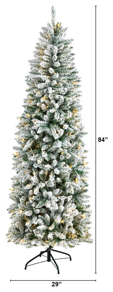 7' Slim Flocked Montreal Fir Faux Xmas Tree W/ White Lights & Bendable Branches