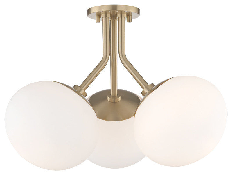 Estee 3-Light Semi-Flush Mount With Opal Etched Glass, Finish: Aged Brass