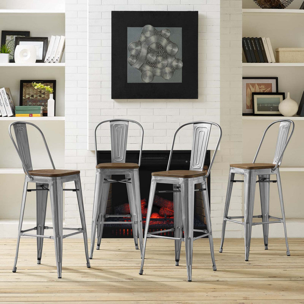 Bar Stool Chair Barstool, Set of 4, Wood, Gunmetal Silver, Bar Pub Cafe Bistro