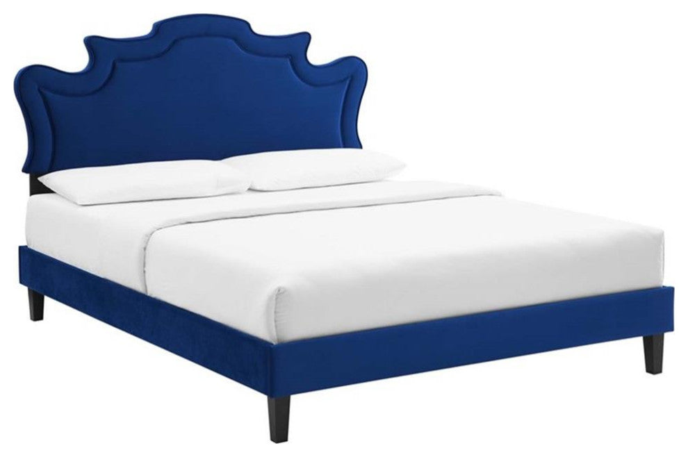 Modway Neena Modern Performance Velvet King Bed in Navy Finish