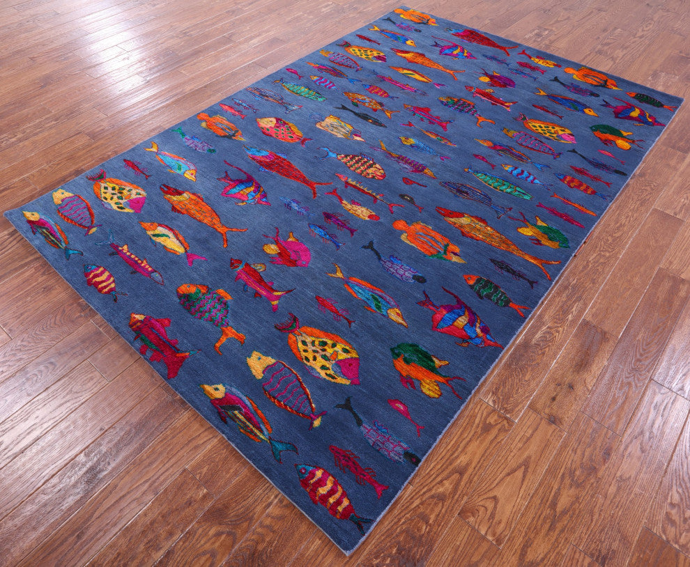 6' 0" X 9' 0" Gabbeh Fish Design Hand-Knotted Wool & Silk Rug - Q15980