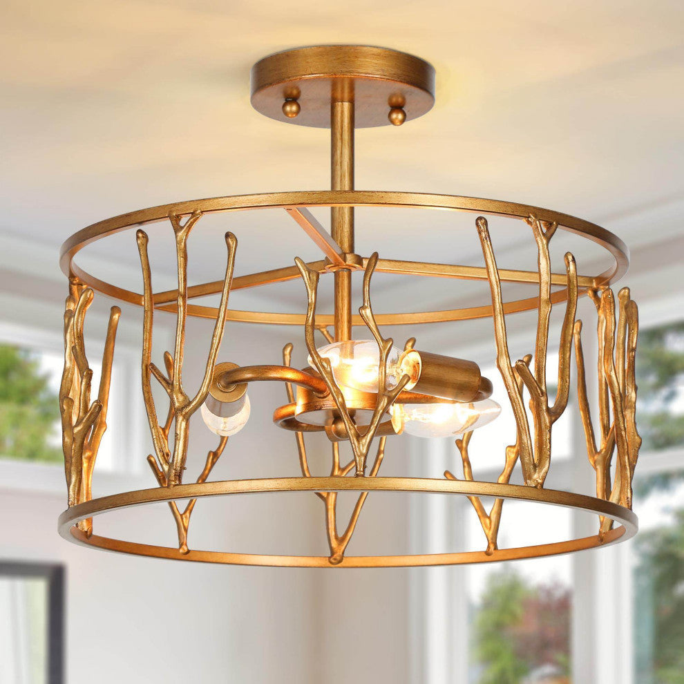 3-Lights Antique Brushed Gold and Modern Semi-Flush Mount Celling Light, 14.2"