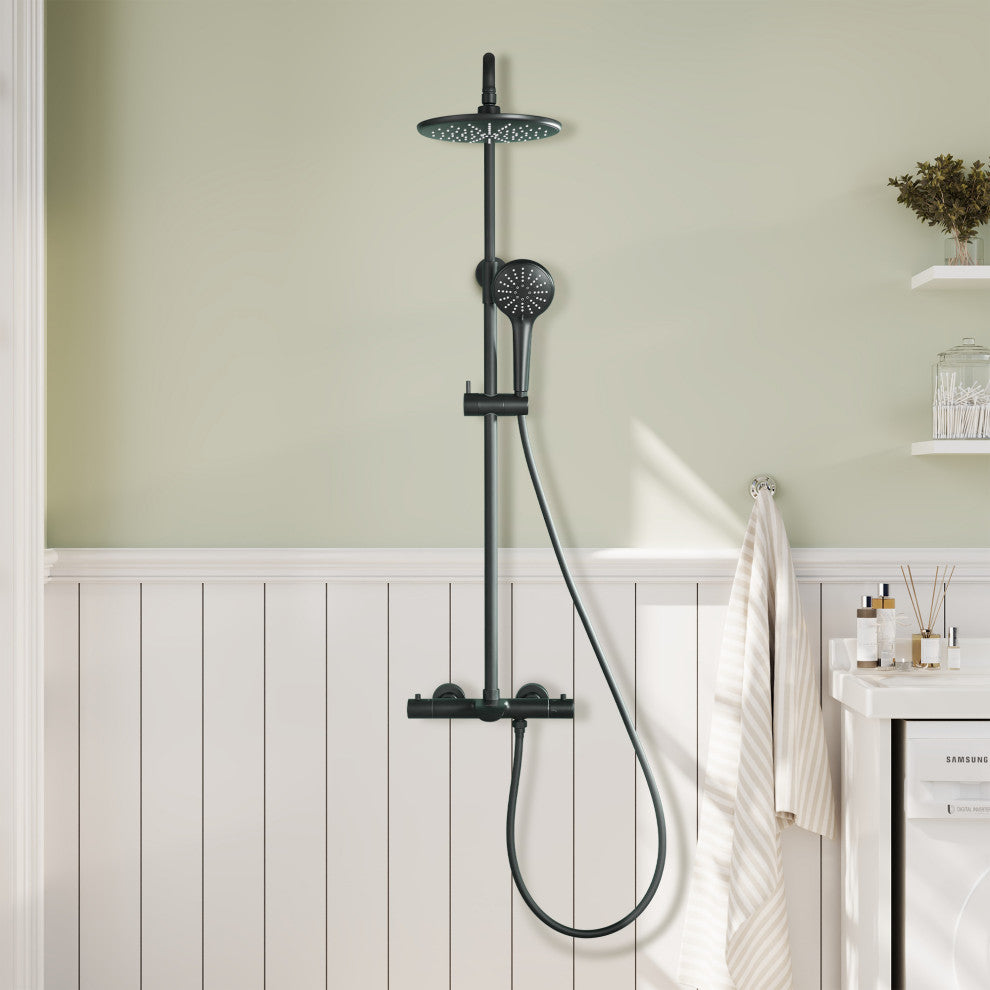 Thermostatic Round Shower Faucet Dual Head Waterfall Shower Bar System, Matte Black