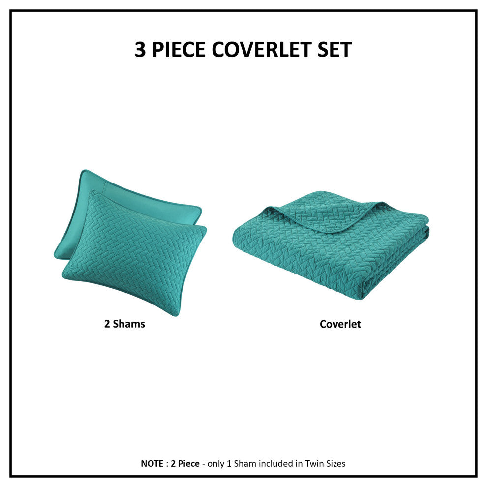 Hampton Hill Velvet Touch Herringbone Oversize 3-Piece Coverlet, Teal, Queen
