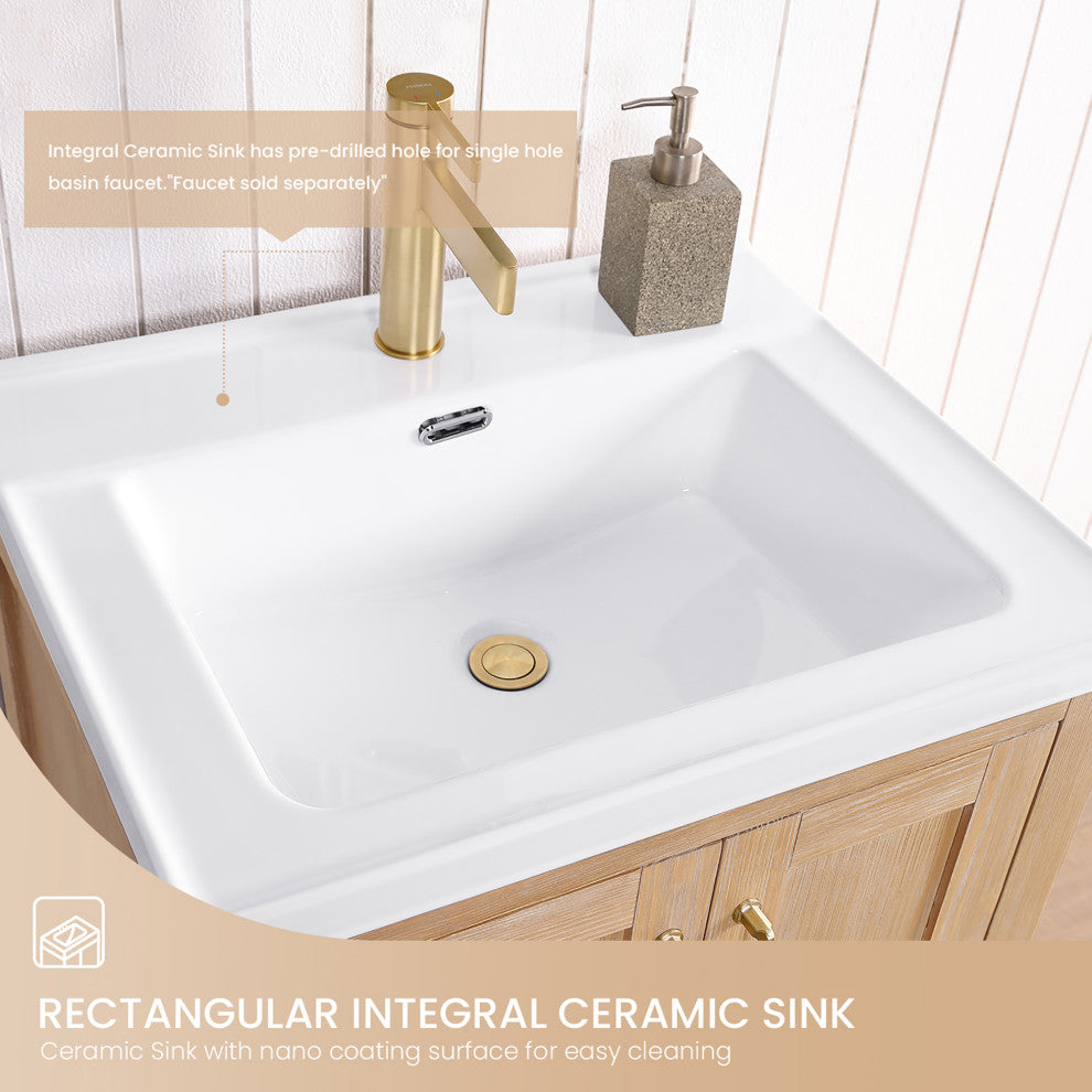 Gela Single Bath Vanity with Ceramic Basin Top, Fir Wood Brown, 24", With Mirror