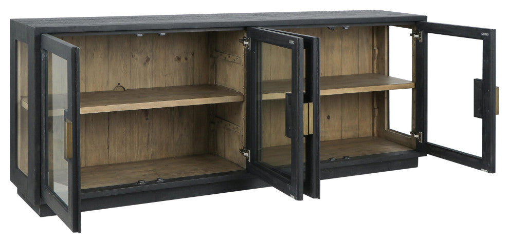 Larson 90" Glass Reclaimed Pine Wood Sideboard, Black