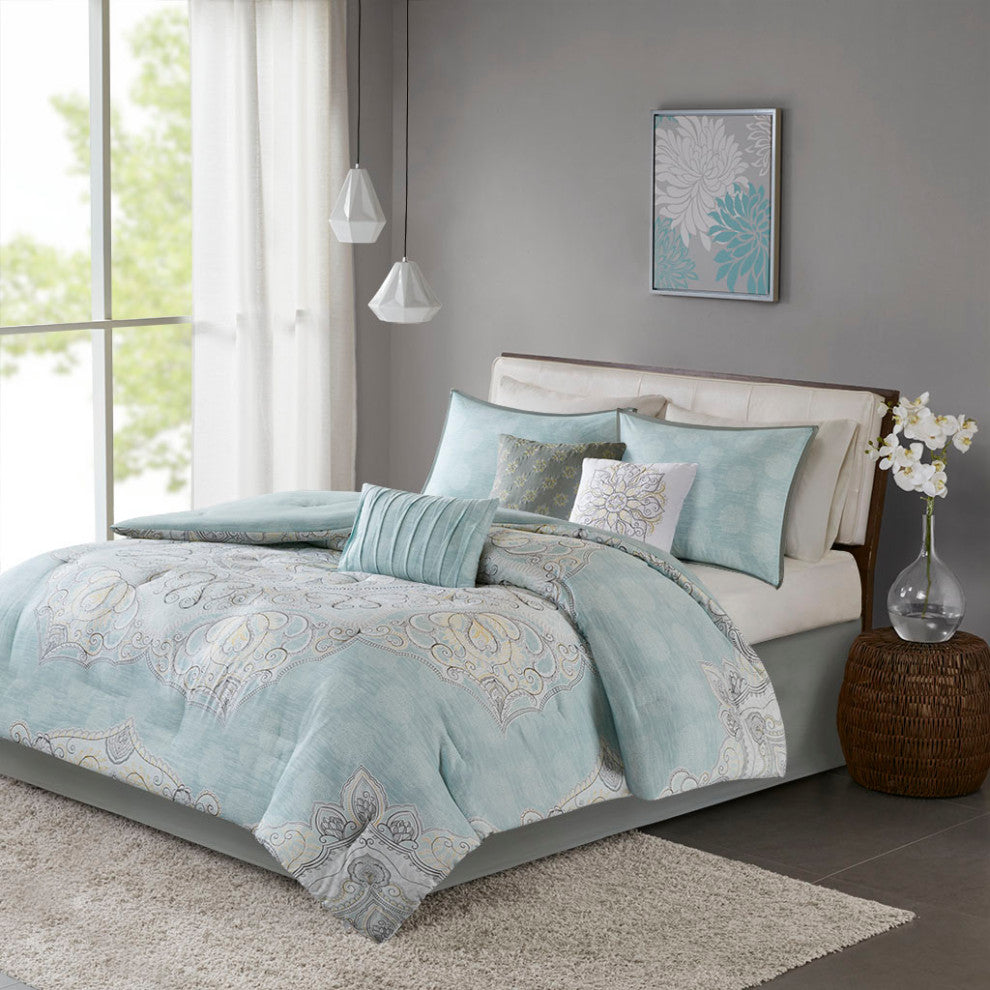 Madison Park Lucinda 7 Piece Reversible Cotton Sateen Comforter Set in Seafoam