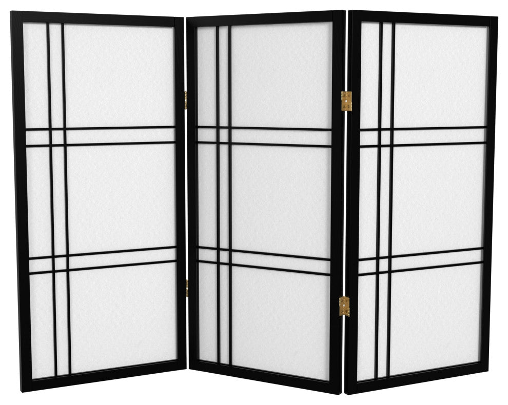 3' Tall Double Cross Shoji Screen, Black, 3 Panels