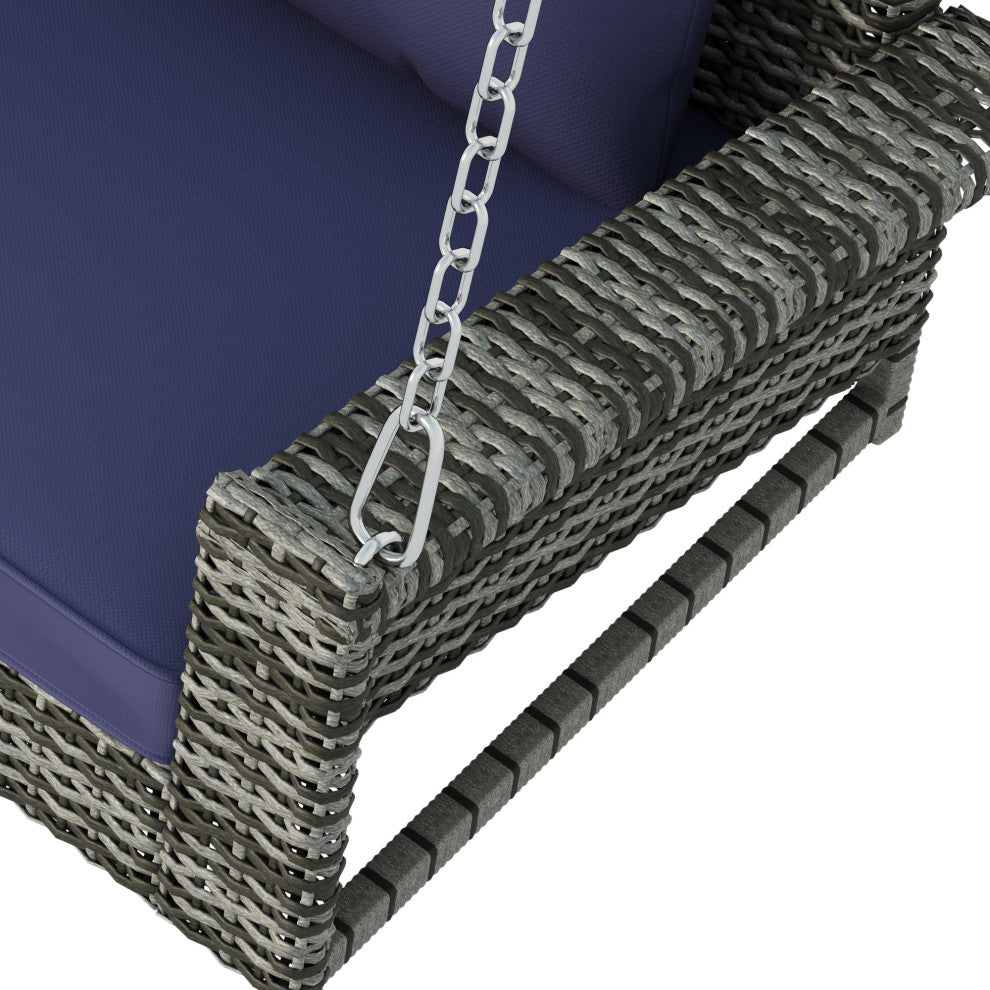 2-Person Wicker Hanging Rattan Porch Swing, Chains, Cushion, and Pillow, Gray Wicker