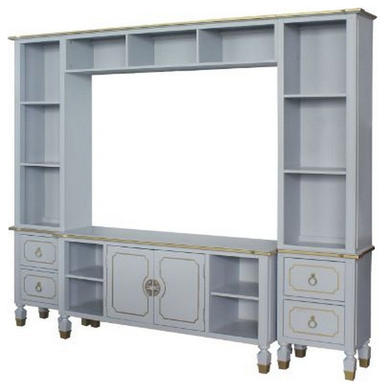 Benzara BM261955 Entertainment Center With Golden Trim Accent/4 Drawers, Gray