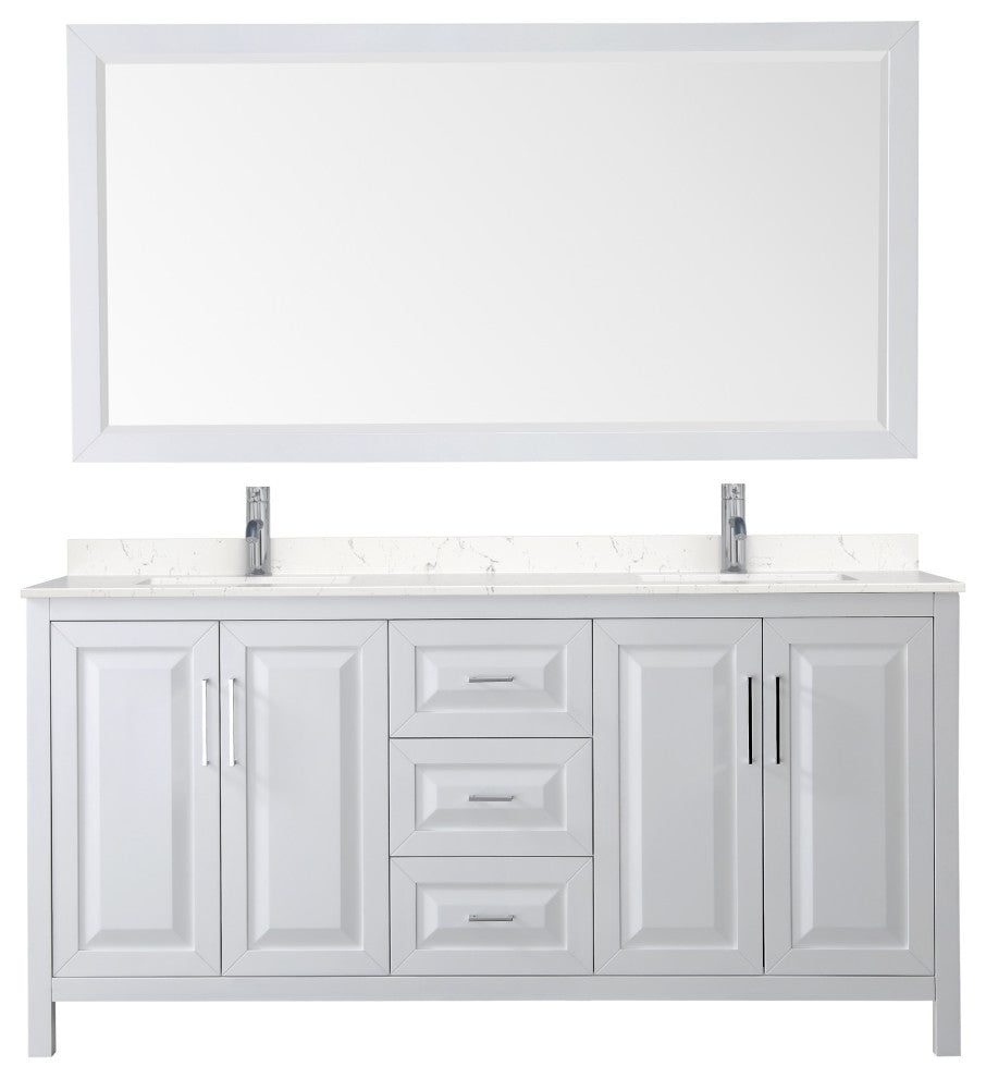 72, Double Vanity, White, Light-Vein Marble Top, SQ Sinks, 70, Mirror
