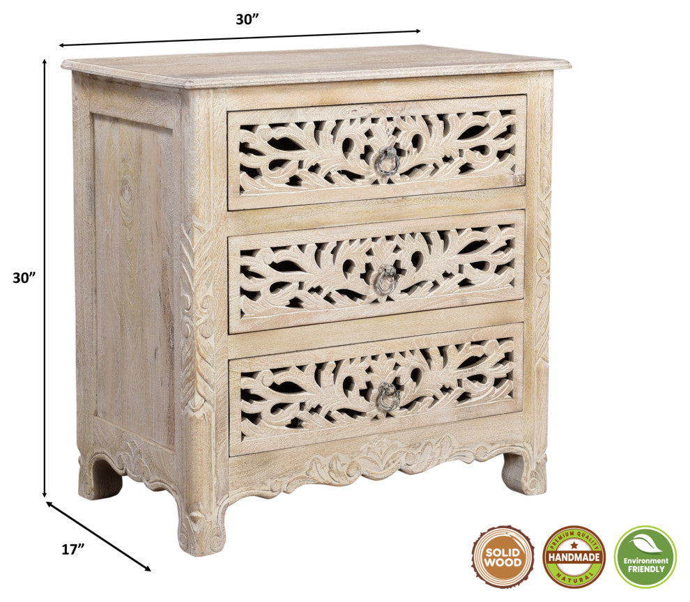 Delaney 3 Drawer Carved Nightstand, Distressed Off-White