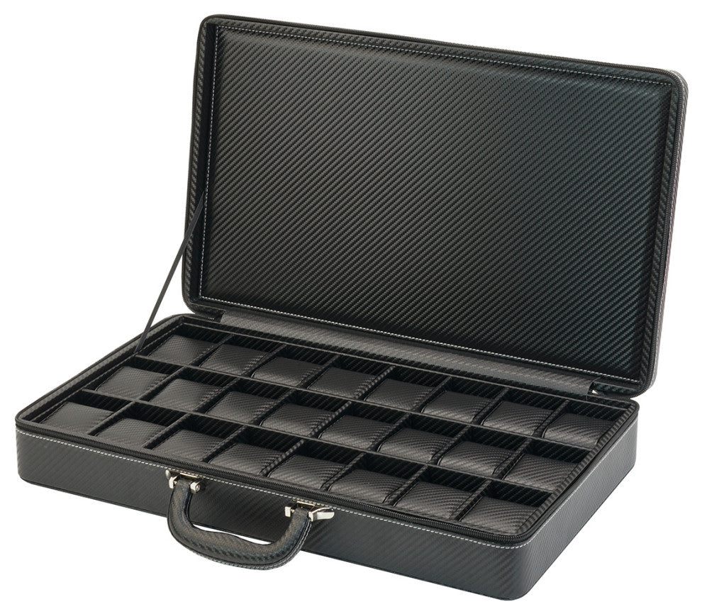 24 Slot Watch Briefcase, Black Carbon Fiber Zippered Travel Storage Case