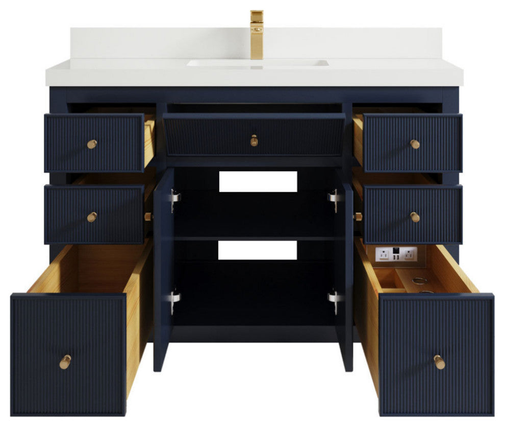 Sonoma 48 Single Sink Reeded Bath Vanity in Hale Navy Blue 2" White Quartz