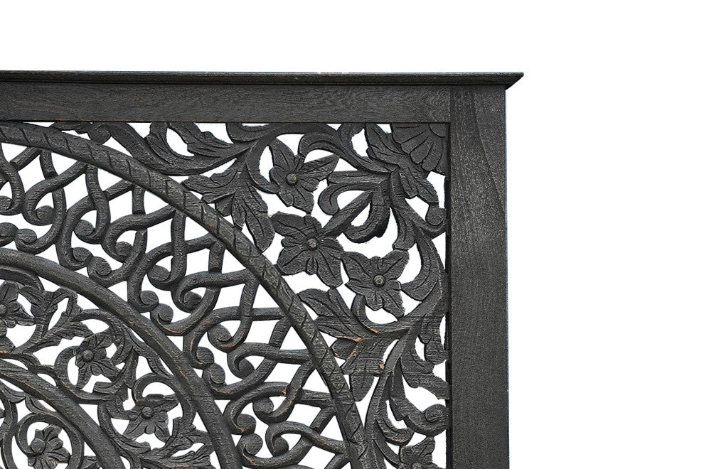 Milano Floral Carved Solid Wood Queen Panel Bed, Black, Queen