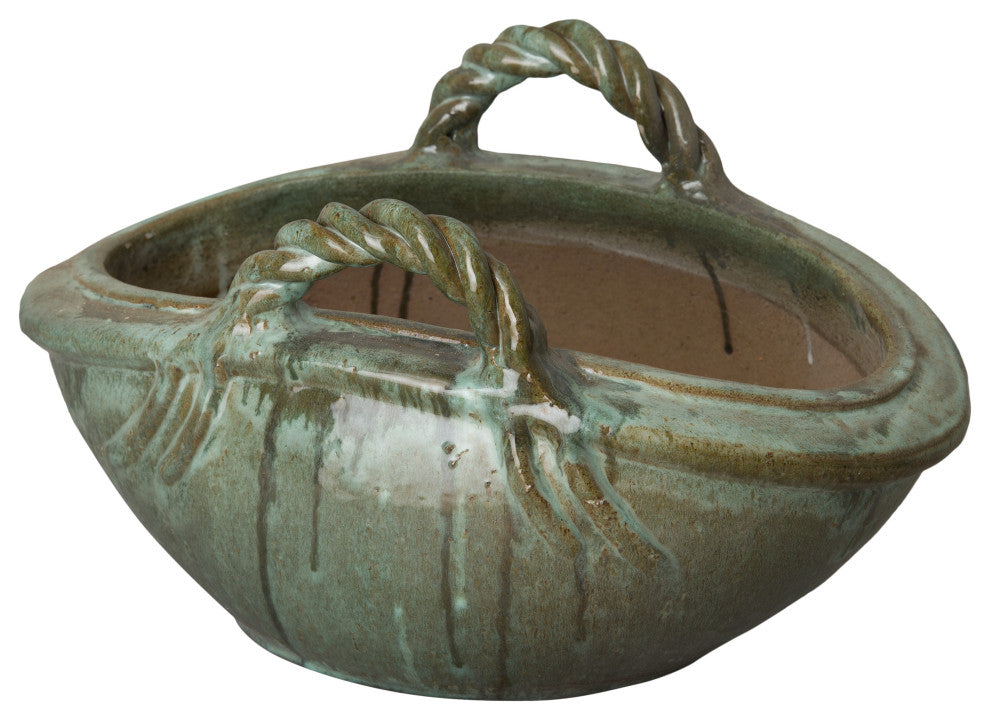 13.5" Large Two Handle Basket, Green Kelp Glaze