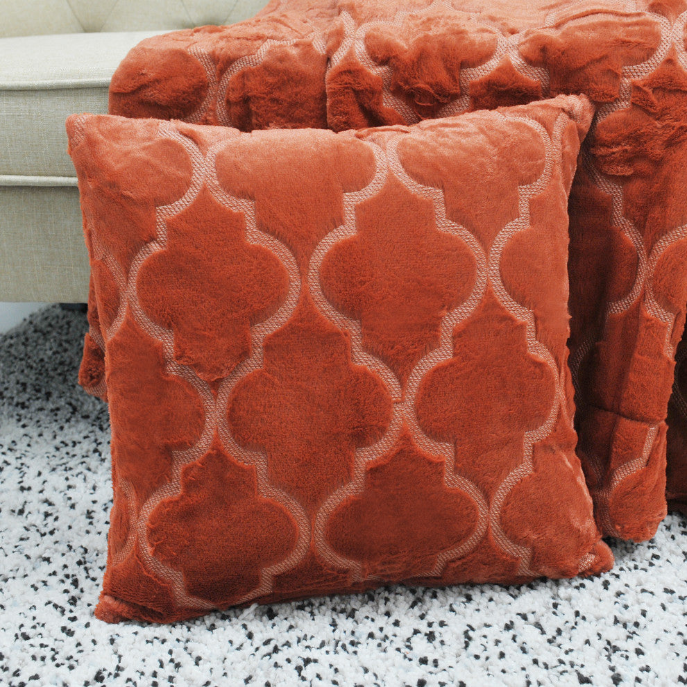 Ogee Tatami Faux Fur Throw Blanket and Pillow Shell Set, Burnt Orange