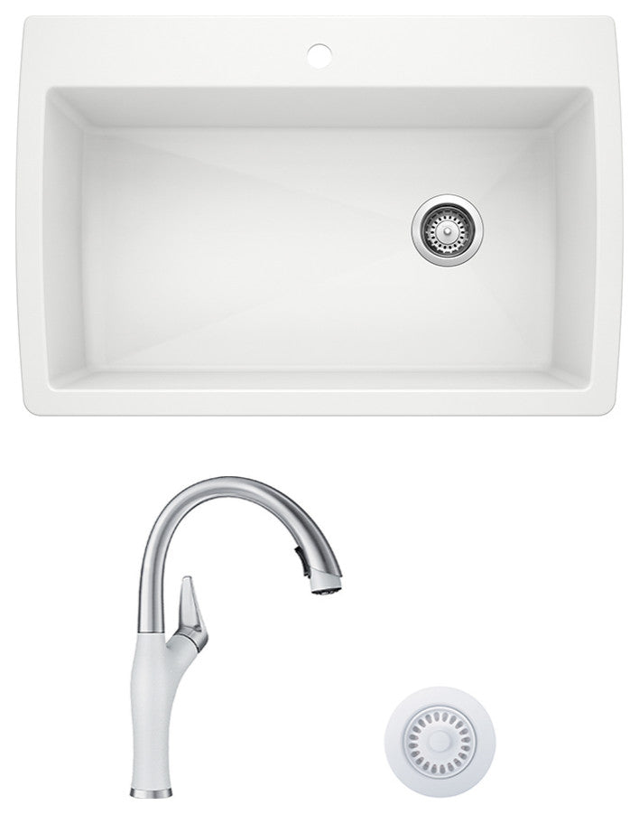 Blanco Diamond Super Single Sink Kit with Pull-Down Faucet and Strainer in White