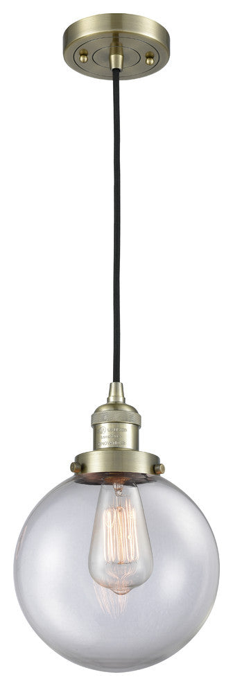 1-Light Beacon 8" Mini Pendant, Antique Brass, Glass: Clear