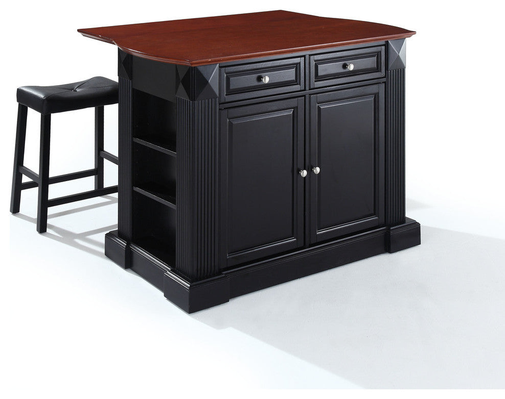 Drop Leaf Breakfast Kitchen Island, Black, 24" Black Upholstered Saddle Stools