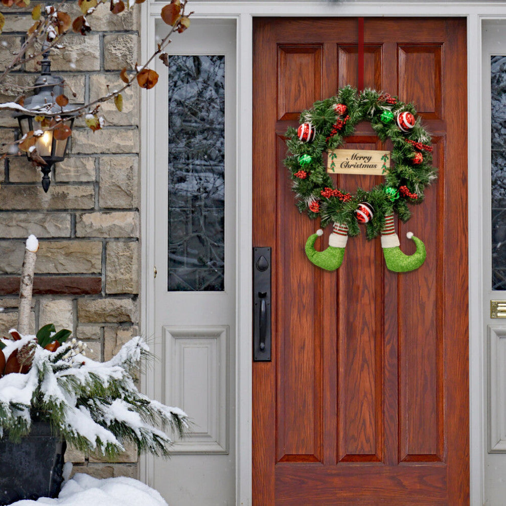 24" Elf Boots Pine Wreath With Berries, Balls, and Merry Xmas Sign