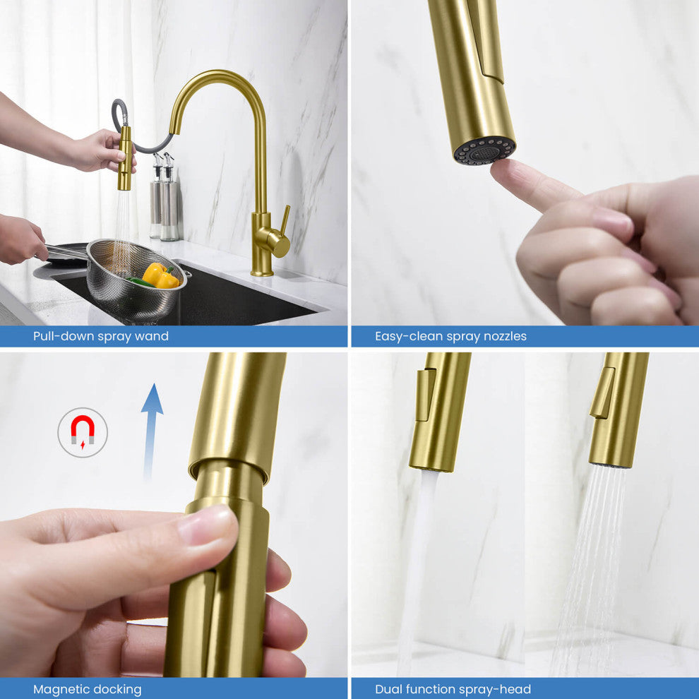 Circular Single Handle Pull Down Kitchen Faucet, Brushed Gold