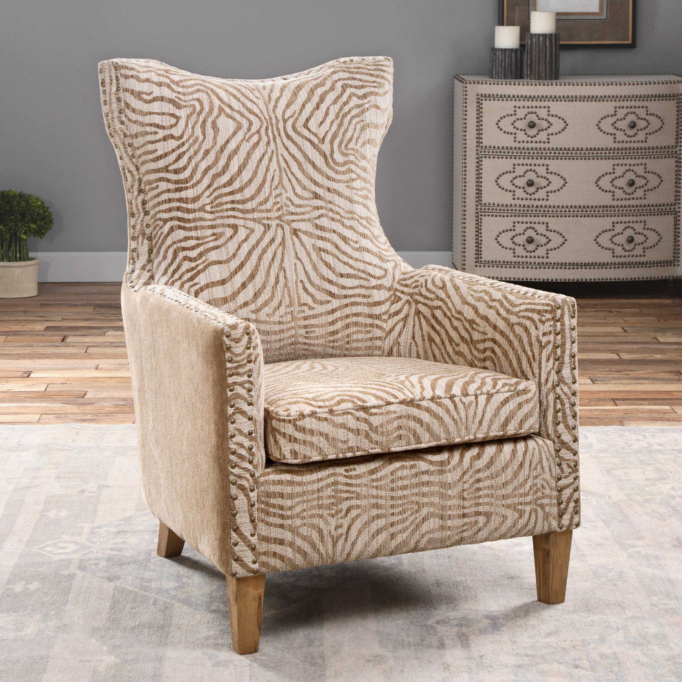 Uttermost Kiango Wood Fabric and Metal Animal Pattern Armchair in Brown/White