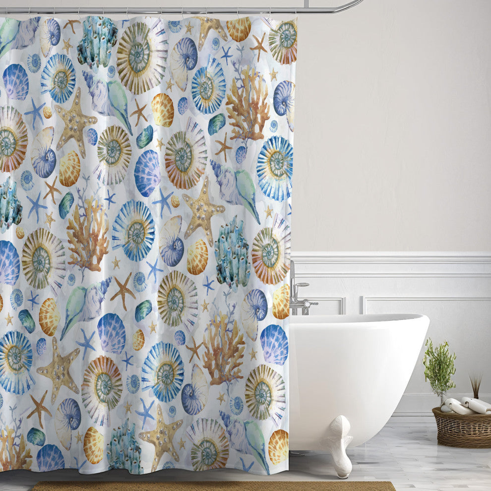 Nautical Seashells Shower Curtain, 72"x72", Ocean Blue