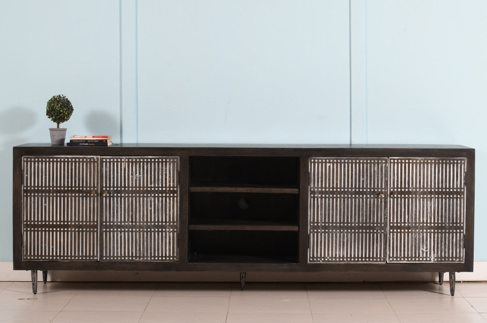 Sarah 4 Door Media Cabinet Mango Solid Wood Antique Brown Finish on Iron Base