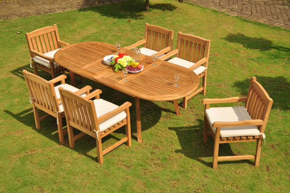 7-Piece Outdoor Teak Dining Set, 94" Extension Oval Table, 6 Devon Arm Chairs