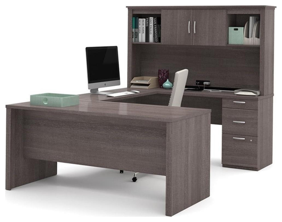 Bestar Logan Modern Wood U Shape Computer Desk with Hutch in Bark Gray
