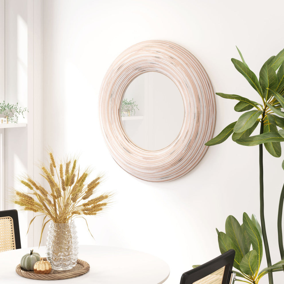 Frame Wall Mirror, Round, Glass, Beige, Bedroom Living