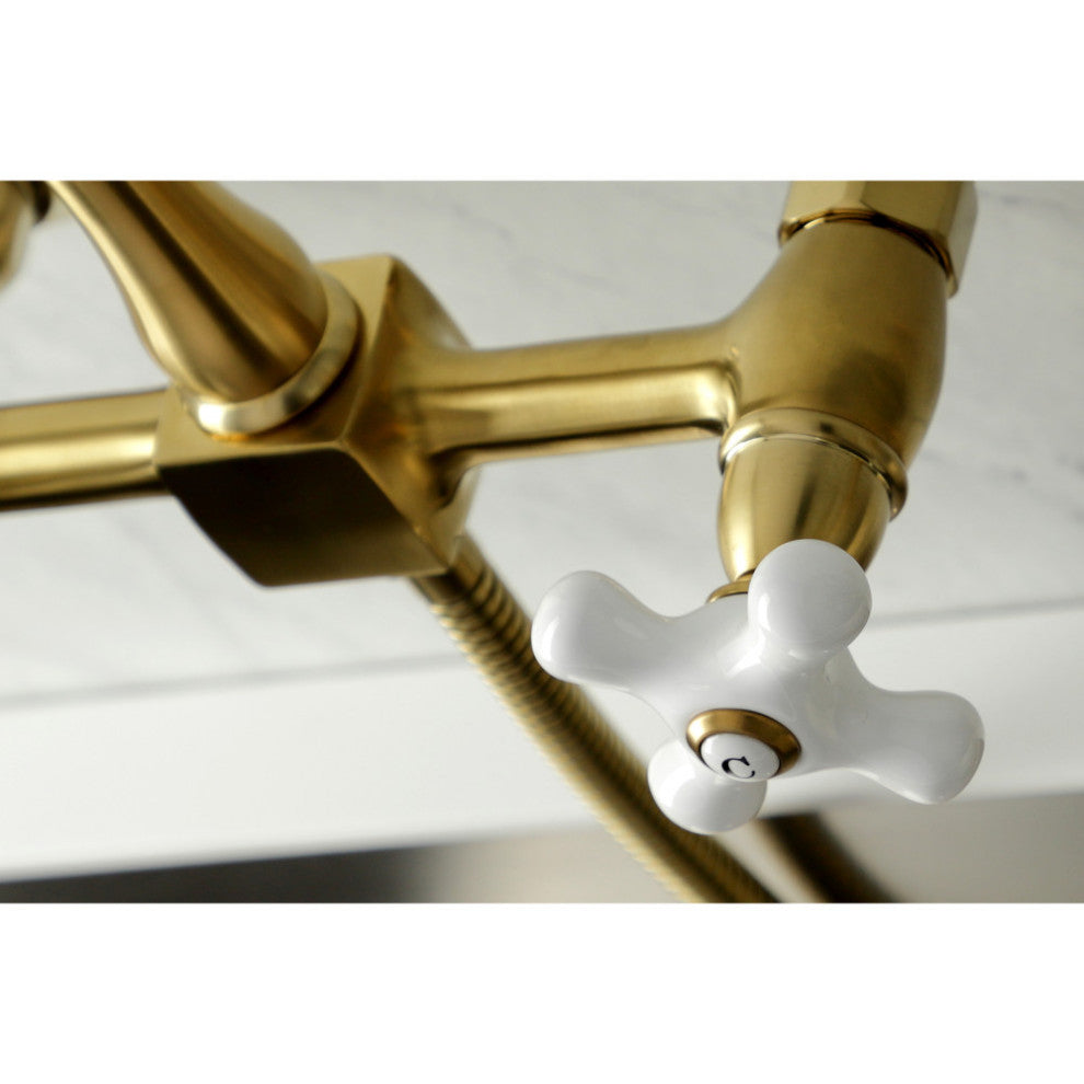 KS126XPXBS-P Heritage Wall Mount Bridge Kitchen Faucet with Brass Sprayer, Brush