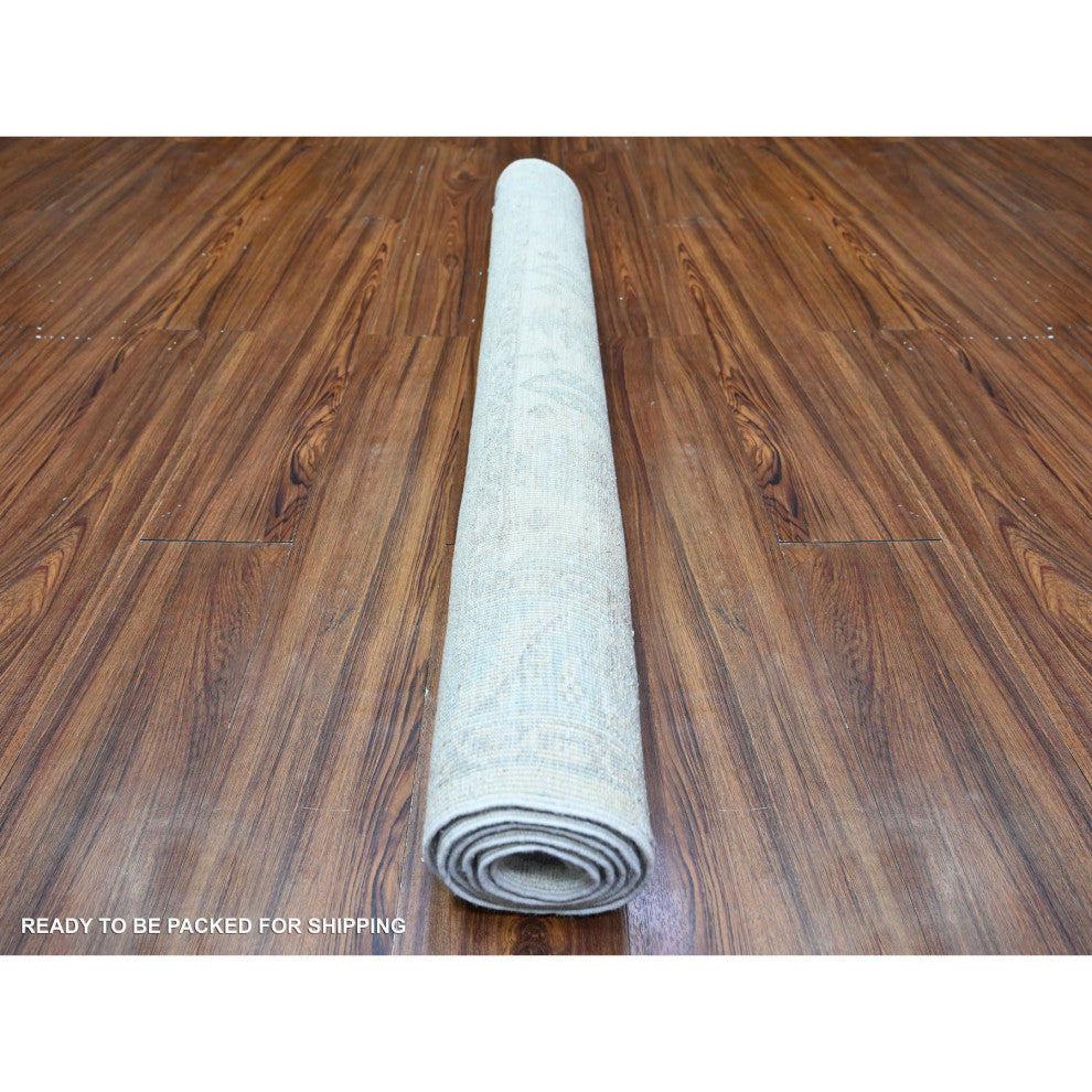 Lace Ivory Stone Washed Peshawar Faded Out Wool Hand Knotted Rug, 3'10"x5'8"