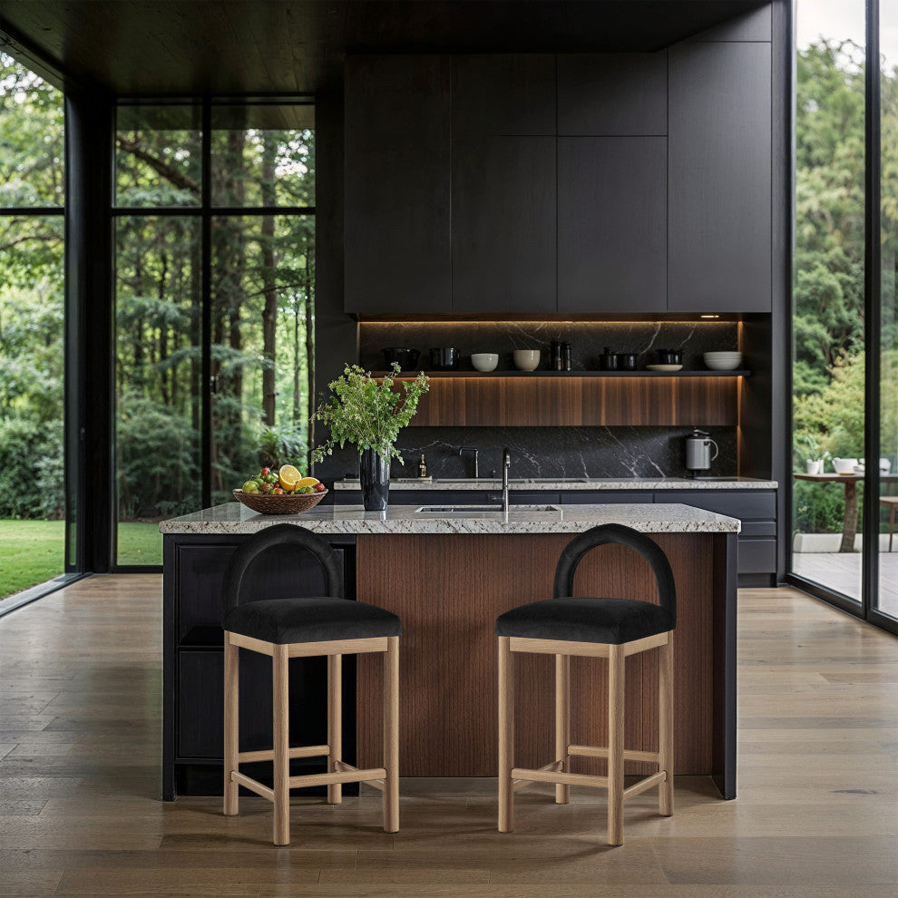 Conrad Upholstered Bar and Counter Stool, Black, Velvet, Natural