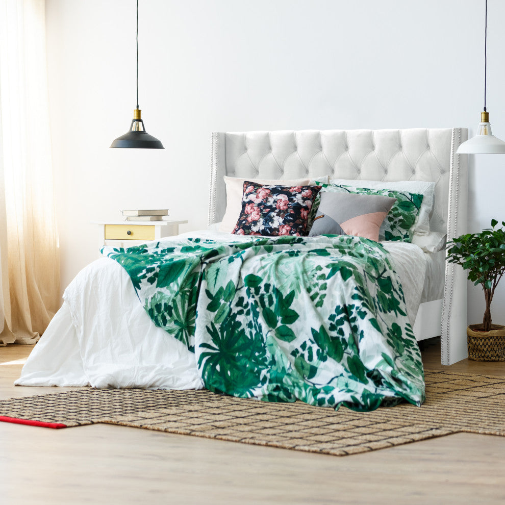 Williams King Nail Button Tufted Wingback Bed, Velvet White
