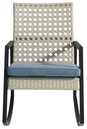 Liza Modern Patio Cane Weave Rattan Rocking Chair - Light Grey/Blue