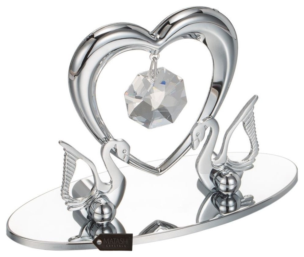 Chrome Plated Loving Swans With Heart Figurine Table-Top Ornament
