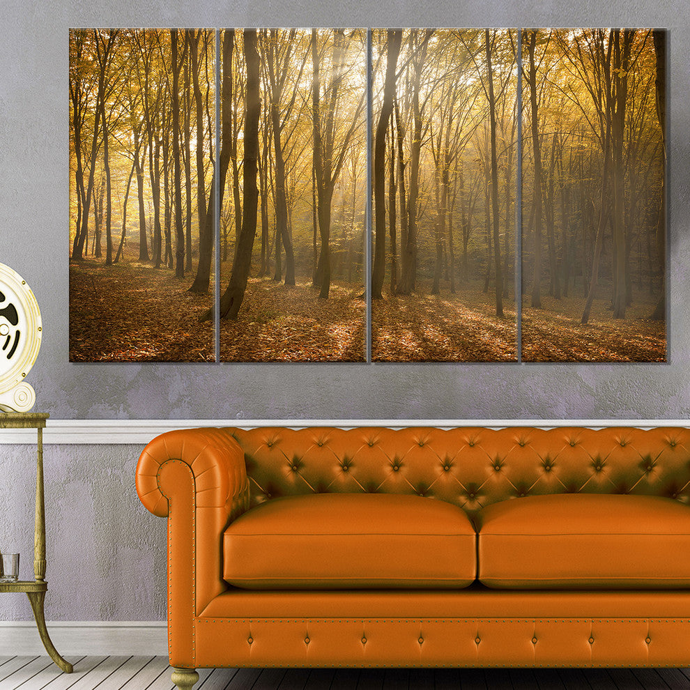 Thick Green Fall Forest with Fog, Forest Canvas Art Print, 48"x28", 4 Panels