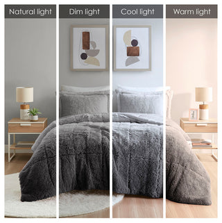 Intelligent Design Brielle Ombre Shaggy Long Fur Comforter Mini Set, Grey