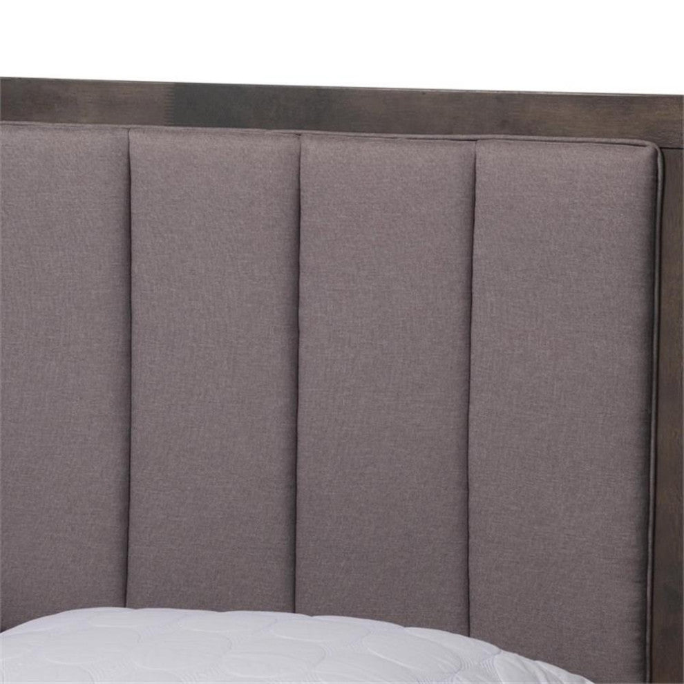 Gray Fabric Dark Gray Oak Finished Wood Queen Size Platform Canopy Bed