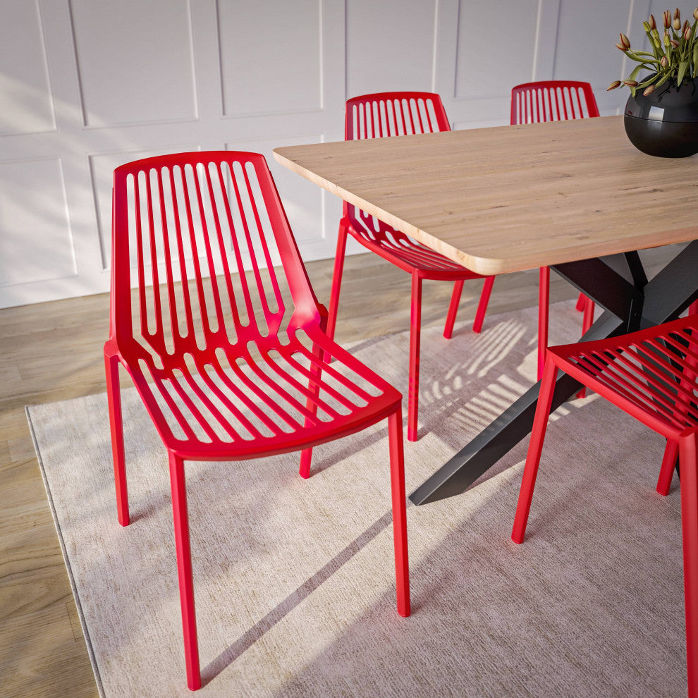 LeisureMod Acken Mid-Century Modern Plastic Dining Chair, Red