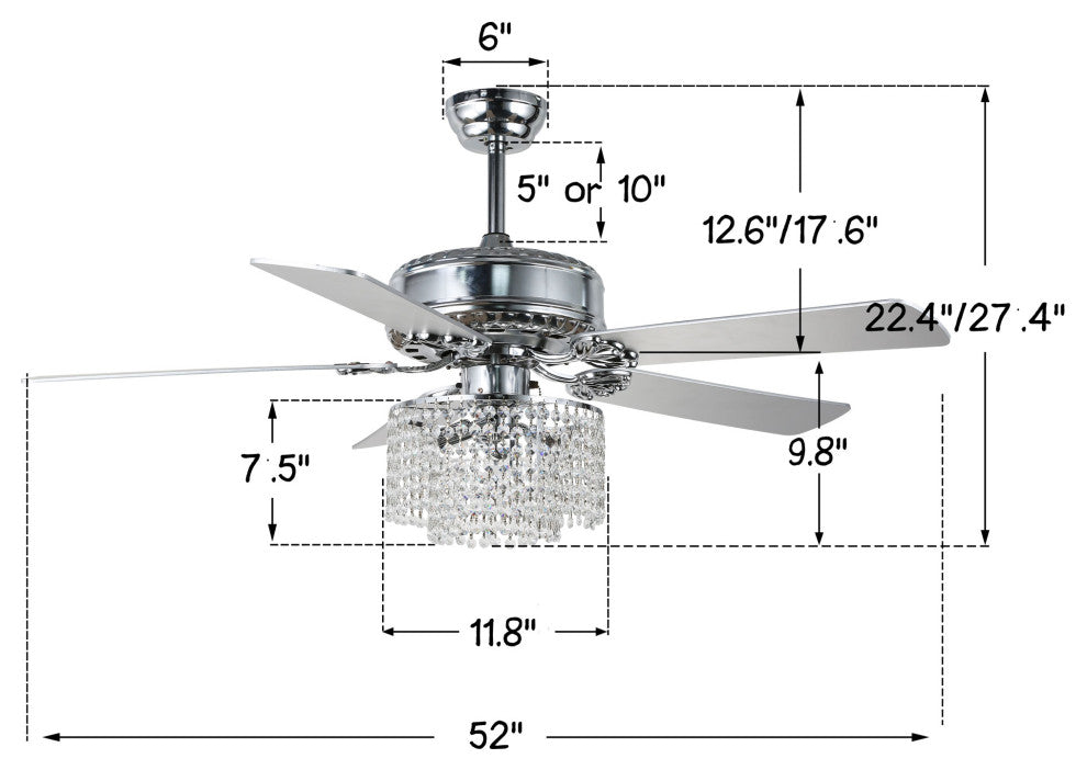 52" 5-Blade Crystal Ceiling Fan With Remote Control and Light Kit Included