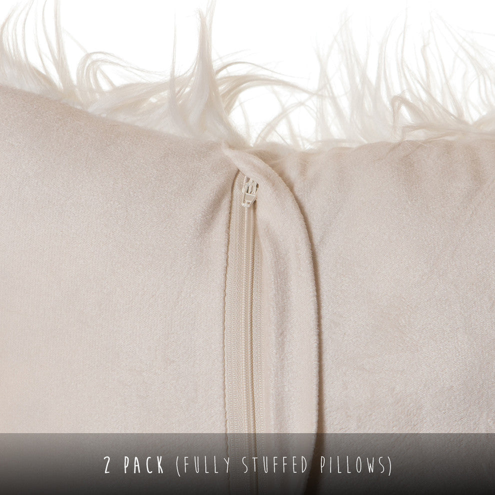 Faux Fur Throw Pillow 18"X18" With Insert (2 Pack), Mongolian Long Hair White