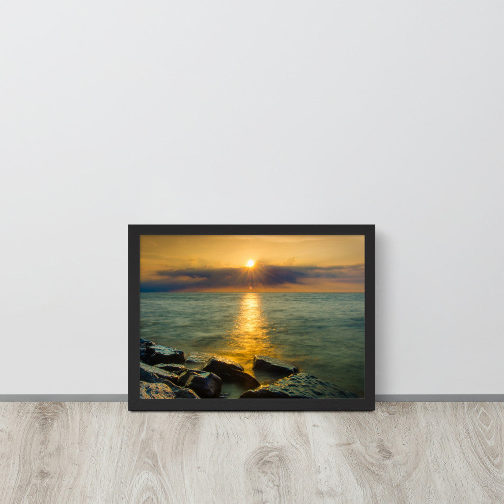 Sun Ray on the Water Coastal Landscape Framed Photo Paper Wall Art Print, Black, 12" X 16"