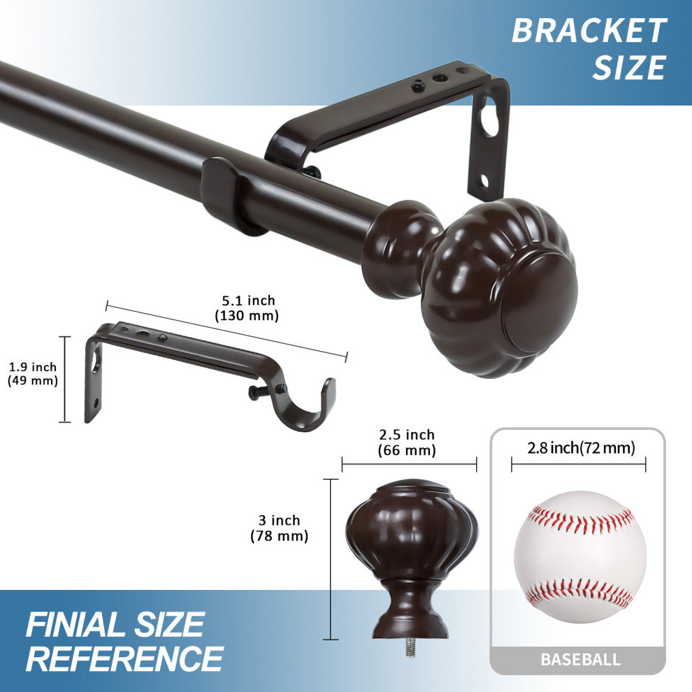 1" Doorknob Drapery Curtain Rod, Bronze, 48"-84"