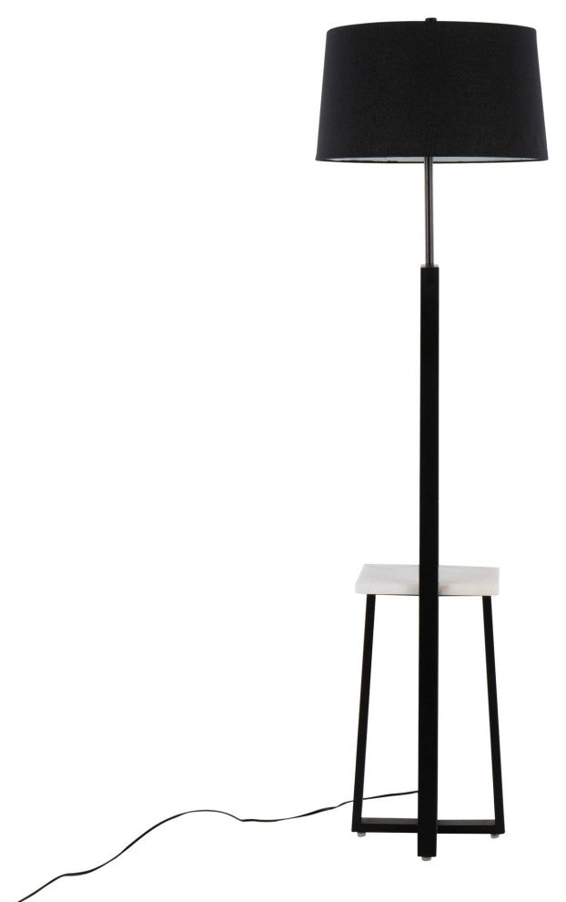 Cosmo Shelf Floor Lamp, White Marble/Black Metal With Black Linen Shade