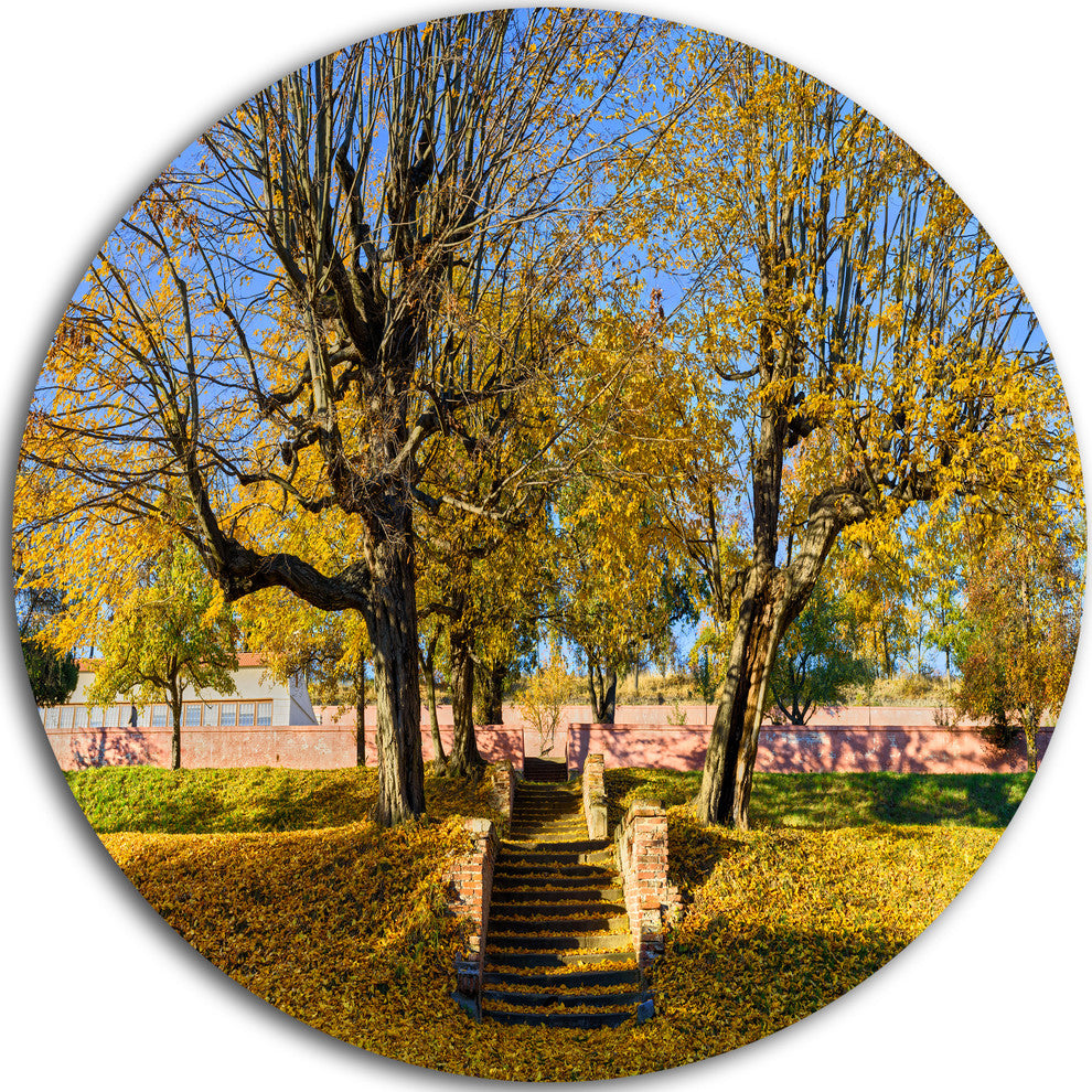 Stone Stairs In Park In Fall, Landscape Round Wall Art, 11"