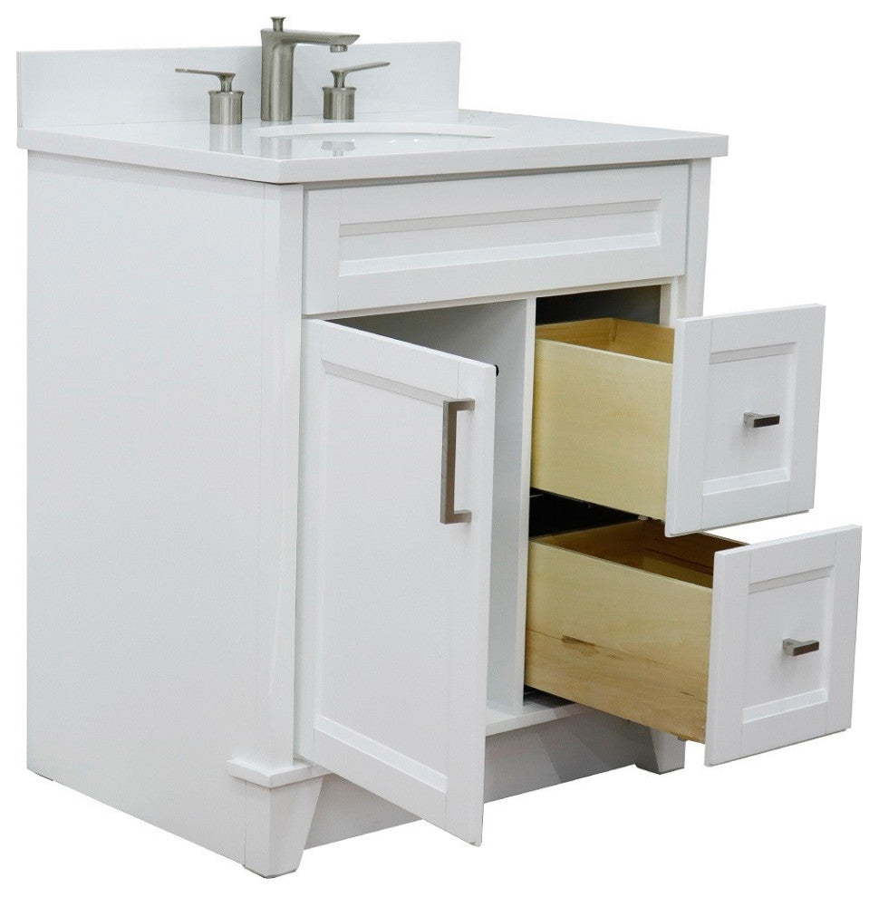 31" Single Sink Vanity, White Finish With Engineered Stone Top With Oval Sink