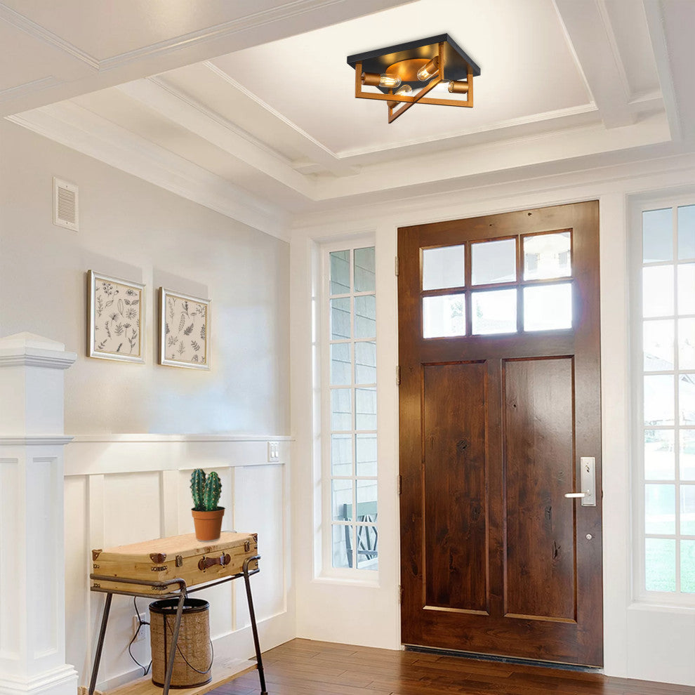 Matte Black and Brushed Gold Metal Frame Cage Flush Mount Ceiling Light